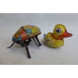 A Japanese Mar Toys clockwork tinplate insect and a Lehmann West German tinplate duck.