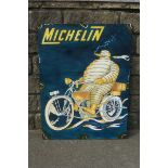 A contemporary decorative oil on board depicting Mr. Bibendum on a motorcycle, 26 x 34 1/4".