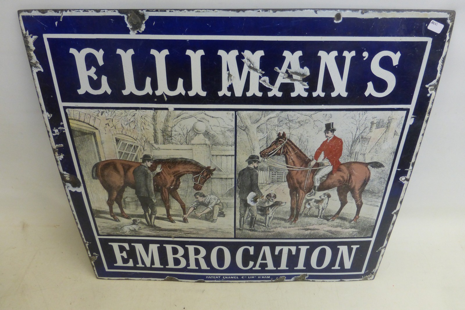 A rare Elliman's Embrocation pictorial enamel sign depicting two scenes with a horse to the left