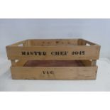 A BBC Props Department wooden crate stamped Master Chef 2015 Veg Box.