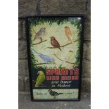 A framed and glazed Spratts Bird Seeds pictorial advertisement depicting six different birds, framed