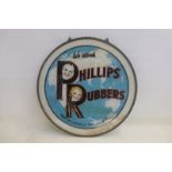 A Phillips Rubbers pictorial circular glass double sided advertising sign within metal frame, 23"