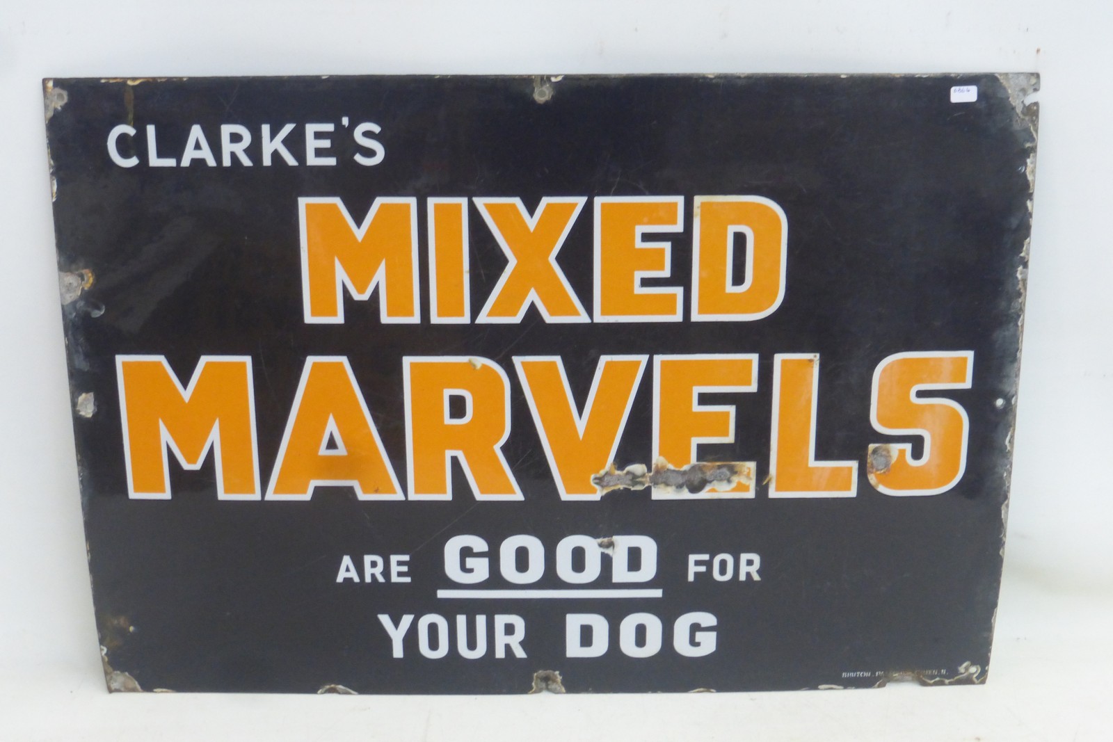 A Clarke's Mixed Marvels rectangular enamel sign by Bruton of Palmers Green, 26 1/4 x 18".