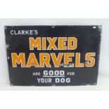 A Clarke's Mixed Marvels rectangular enamel sign by Bruton of Palmers Green, 26 1/4 x 18".