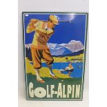 A reproduction embossed tin advertising sign depicting a golfer, 15 1/2 x 23 1/2".
