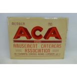 An ACA (Amusement Caterers Association) tin advertising sign, 12 x 9".