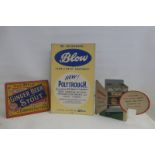 A Blow Farm and Dairy Equipment showcard, a Raisley Baking Powder die-cut pictorial showcard and a