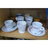 A selection of ceramic mugs each with advertising including five for Bovril, also Horlicks, Ovaltine