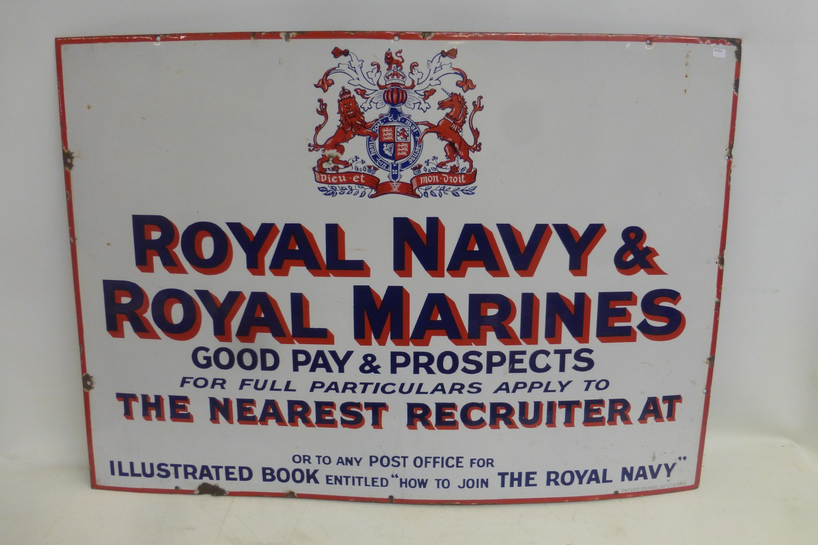 A Royal Navy and Royal Marines Recruitment rectangular enamel sign by Patent Enamel, in excellent