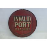 An unusual W & A Gilby Invalid Port circular convex tin advertising sign, 18 3/4" diameter.