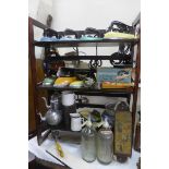 A collection of brightly coloured flat irons, various kitchenalia including enamelware, a Hooper