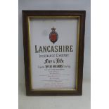 A Lancashire Insurance Company oak framed showcard, 18 1/2 x 26 1/4".