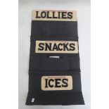 Three salesman sample signs for lollies, snacks and ices.