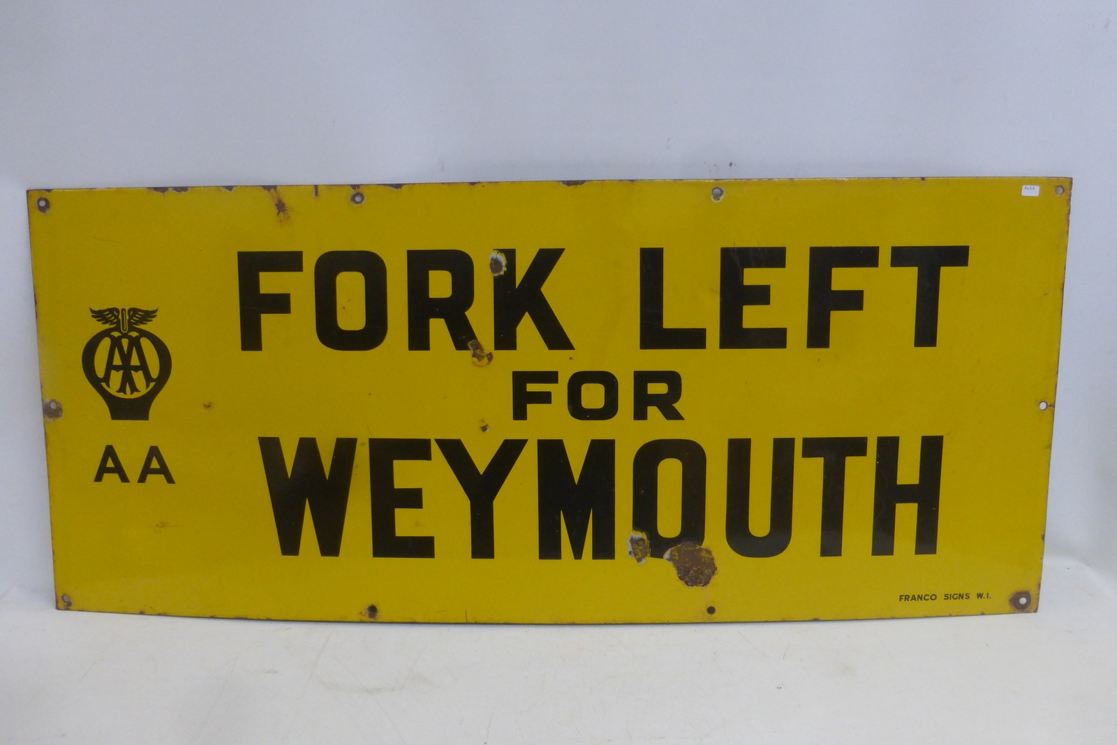 An AA 'Fork Left for Weymouth' rectangular enamel sign by Franco, 42 x 18".