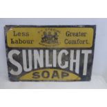 An early Sunlight Soap rectangular enamel sign with unusual wording: Less labour greater comfort, by