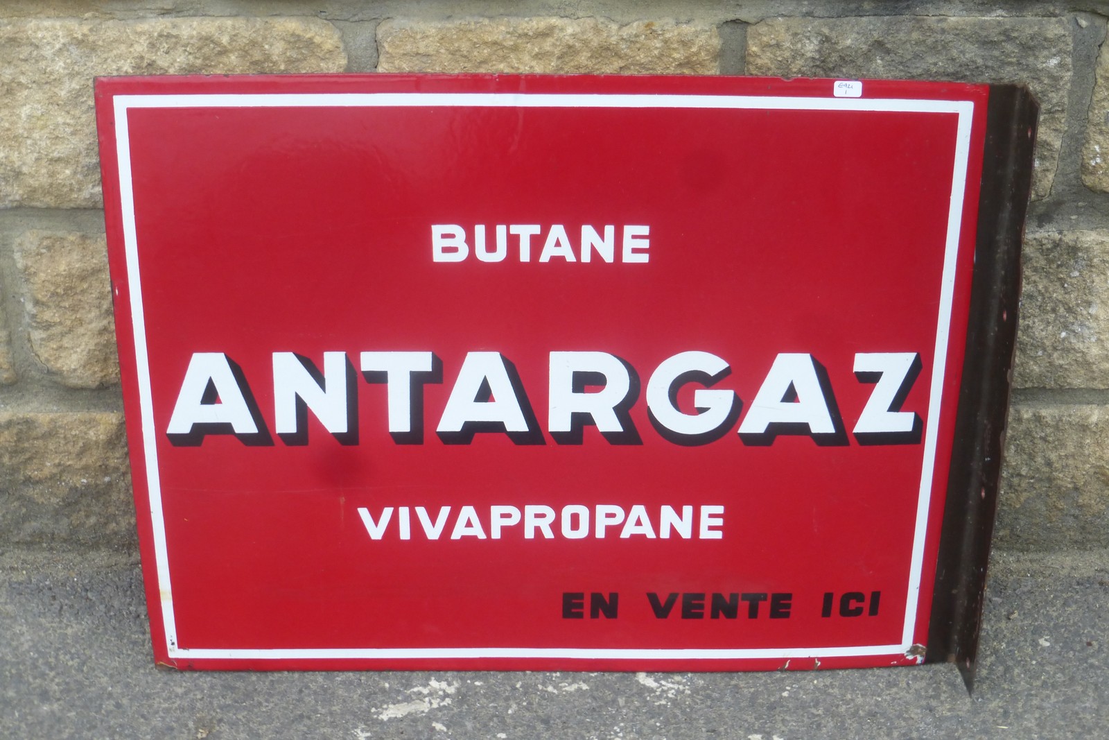 An "Antargaz Butane Vivapropane" double sided enamel sign with hanging flange, in excellent