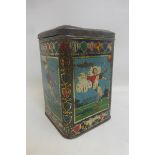 An unusual square tin with football related designs all round including "The Assistance Cup",