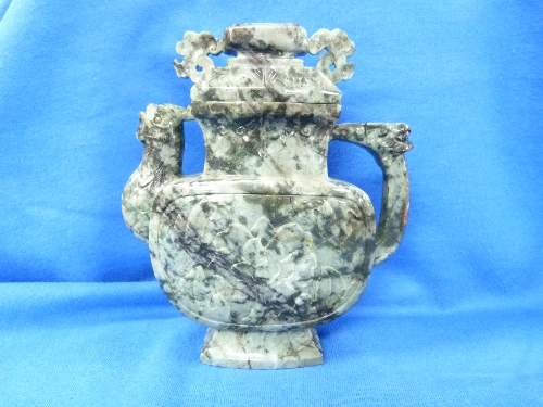 A Chinese Republic period spinach green jade Censer, with dragon mask and loose ring handles, the - Image 2 of 6