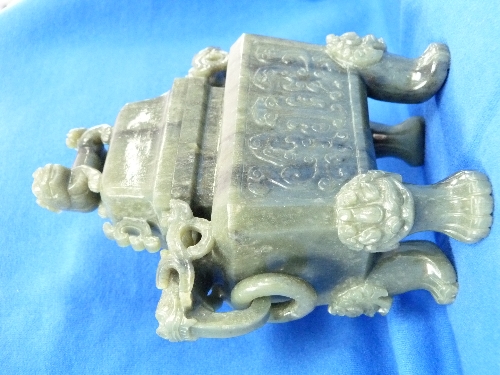 A Chinese Republic period spinach green jade Censer, with dragon mask and loose ring handles, the - Image 6 of 6