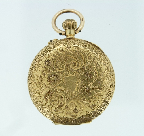 A pretty continental 18K gold lady's Pocket Watch / Fob Watch, with gilt foliate dial and black - Image 2 of 2