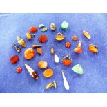 A collection of striated Agate Items, including four swivel seals with metal mounts, other seals,