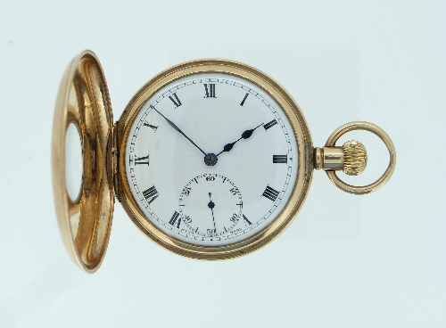 A 9ct gold half-hunter Pocket Watch, with Swiss 16-jewels movement, the white enamel dial with black - Image 2 of 2