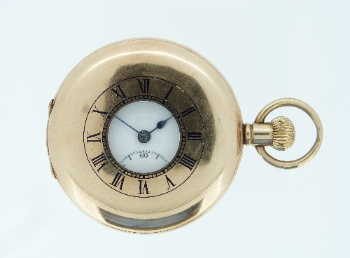 A 9ct gold half-hunter Pocket Watch, with Swiss 16-jewels movement, the white enamel dial with black