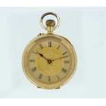 A pretty continental 18K gold Pocket Watch, with gilt foliate dial and black Roman numerals, the