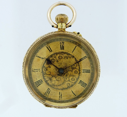 A pretty continental 18K gold lady's Pocket Watch / Fob Watch, with gilt foliate dial and black