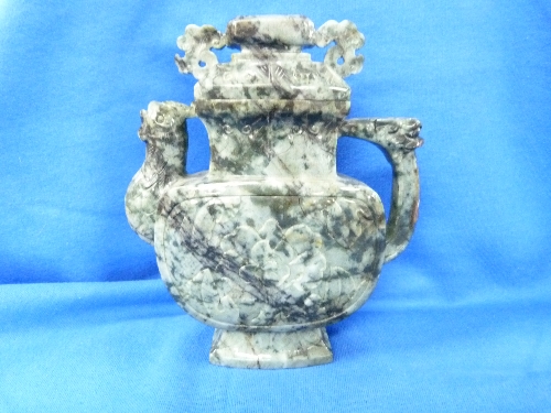 A Chinese Republic period spinach green jade Censer, with dragon mask and loose ring handles, the