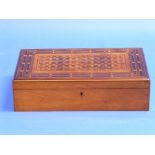 An Edwardian walnut and Tunbridgeware sewing box, of rectangular form, the hinged lid enclosing a