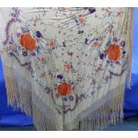 Vintage Textiles: a hand embroidered Chinese piano shawl, with cream deeply knotted fringe, the