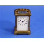 A French gilt-brass Carriage Clock, of five-glass form with hinged handle, the white dial with black