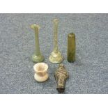 Egyptian Antiquities, including three glass bottles, all damaged, three faience scarabs, another