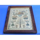 A Victorian sampler, worked in coloured silks on linen, with cottage, stylised apple tree and