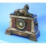 A Victorian Egyptian revival bronze-mounted marble and slate Mantle Clock, with ox-mask ring handles