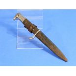 A W.W.2 period German Fighting Knife Bayonet, with steel sheath and leather frog, the 6in (15.