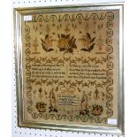 A William IV sampler, worked in coloured silks on linen, with a verse and flowers within a floral