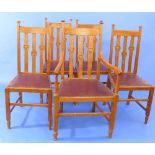 A set of five Arts & Crafts oak slat-back Dining Chairs, including one carver chair, each carved