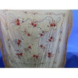 Vintage Textiles: a hand embroidered Chinese piano shawl, with cream deeply knotted fringe, the