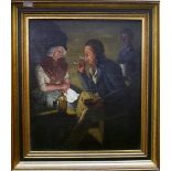 19thC English School, Interior scene with a man and woman seated, he smoking a pipe, a servant in