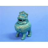 An antique Chinese turquoise porcelain Incense Burner or Censer, modelled as a Fu Dog, the