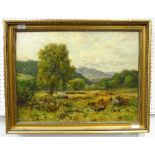 Richard Gay Somerset (British, 1848-1928), Cattle grazing in a wooded mountainous landscape, oil