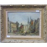 20thC School, Town scene with church in the background, oil on canvas, indistinctly signed verso,