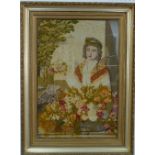 A mid-19thC embroidered picture, depicting a young woman with flowers and dog, a town house and