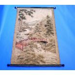 An antique Chinese tapestry Wall Hanging, depicting a traditional scene of pagoda and bridge