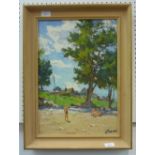 •Netpob MN (Russian, 20thC), Figures on a beach amongst houses and trees, oil on board, signed and