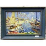 •A. Eropo B (Russian, 20thC), Figures on yachts in a marina, oil on canvas, signed, titled verso,