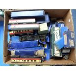 Hornby Dublo; three boxes of 3-rail trains, mainly boxed, including tinplate track, accessories,