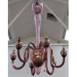 A Venetian 6 branch lavender glass chandelier, overall height: 75cm.